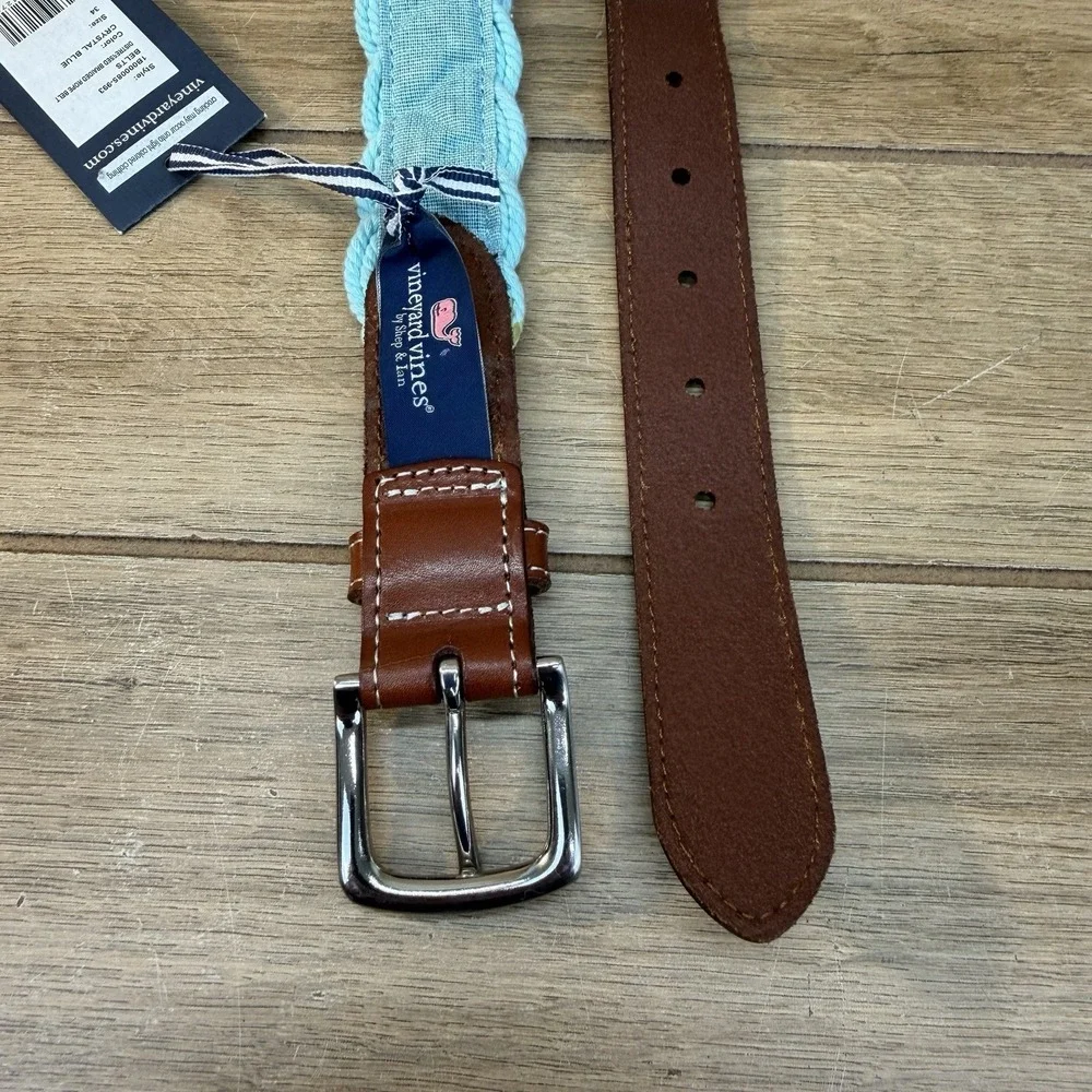 Vineyard Vines Distressed Braided Rope Belt Mens 34 Crystal Blue Brown Leather
